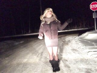 Real Amateur Silicone Female Masker Outside in Winter Wearing Lustful Outfit and High Heels