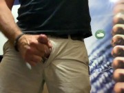 Horny so I jerk-off between trains in the toilet and cum. Bulge in my pants at end
