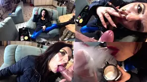 Deepthroat and cameltoe teasing lead to double cum on a downjacket