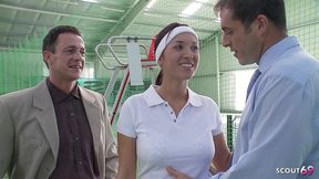 nymphomaniac tennis girl talk two big dick boys to fuck her anal and dp before massive cumshot on court