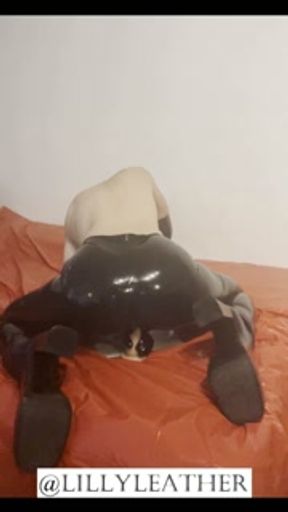 Teen girl masturbating with dildo and put latex gloves in her wet pussy wearing a cat mask and heels