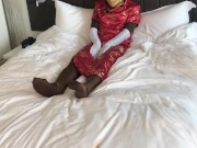 Zentai in mandarin dress with satin gloves