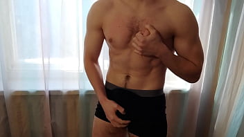 Muscular guy in black briefs started massaging his balls and arousing his big cock - Alex Huff