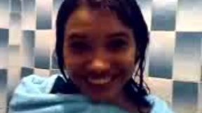 Amateur totally naked brunette gal was taped while taking a shower