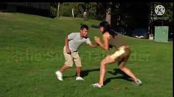 Three strong tall woman fight and lift a small man