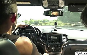 TS hitch hiker Lena Moon gets her ass barebacked by big cock