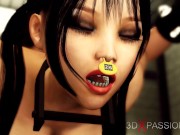 Sexy brunette with perfect huge tits in restraints loves to fuck with futanari