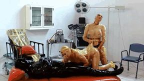 Heavy rubber threesome orgy with two latex nurses and her male patient - Part 1 of 2 - Blowjob and strap-on fucking