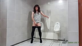 Horny tranny in the toilet wanking off in borrowed shoes