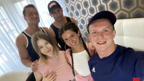Big-cocked studs double penetrate chesty babe in merciless gangbang