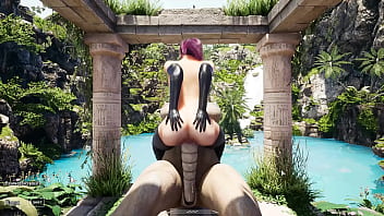 Lara cosplays as Tifa. A horny stone statue'_s big cock fucks her tight pussy hard.