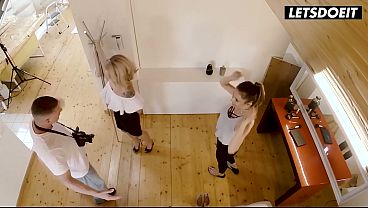 Lesbian Photo Shoot Gets Handsy... Tattooed Blonde and Brunette Grab Each Other'_s Tits on Set