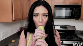 Addicted to sex housewife Megan Maiden fucks herself with cucumber