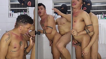 Bahian Stud Sucks and Gets Fucked by Masked Buff Daddy in Bathroom