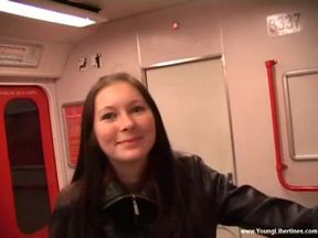 Cute-looking brunette Kattie Gold gives a very good blowjob on the knees