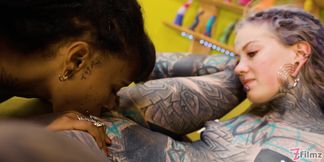 Tattoo Lesbians Hard Fuck with Strap-on - Squirting and Piss