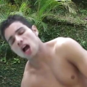 Horny gay studs with sexy babe fucking each other hard outdoors