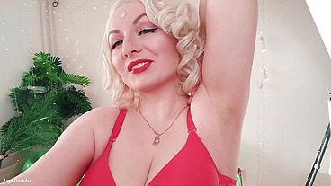 Female Domination Video: Mistress in red lingerie teasing by sweaty armpits (Arya Grander)