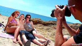 Slim Girl Amadea Emily talk to Fuck by two Guys at the public Beach