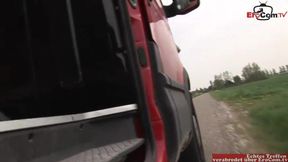 Blonde Teen with long legs during an ass fuck threesome in a car