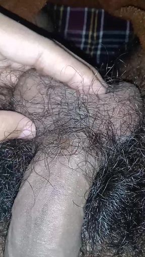 Masturbating hairy cock with small balls