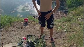 Guy Jerking off in Nature and Fishing