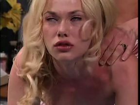Blonde with nice tits and shaved cunt spread-eagles for guy's tongue and fingers