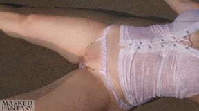 Alluring Beach Adventure: Sensual Beauty in a Sheer White Top