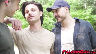 Arno Antino and Enzo Muller fuck bareback in woods with Felix Trainor