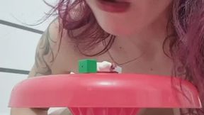 Tiny small man on chair is licked, crushed and torn apart by nipples