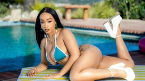 ”Pool Guy Gets Dirt on Big Titted Ebony Princess & Makes Her Milk his Cock”