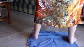 Jen is peeing on a towel in the livingroom