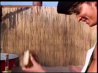 Big bazookas babe blows stud's cock outdoors and screws it