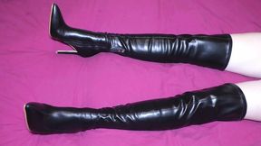 Kinky mistress dominates submissive partner in intense BDSM boot sex fantasy.