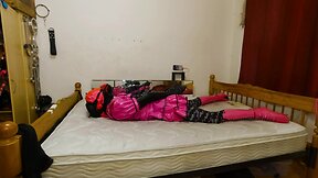 Self-bondage in chastity with CD maid armbinder and gas mask