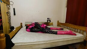 Self-bondage in chastity with CD maid armbinder and gas mask