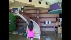 Asian beauty gets fucked hard on the stairs