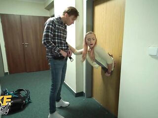 Fake Hostel Cute teen Stuck In A Door happily drilled by two guys