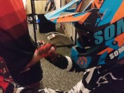 Motocross guy jerks off after sex to his partner