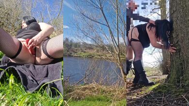 Scottish milf chokes on a cock in the woods gets her tight cunt blasted