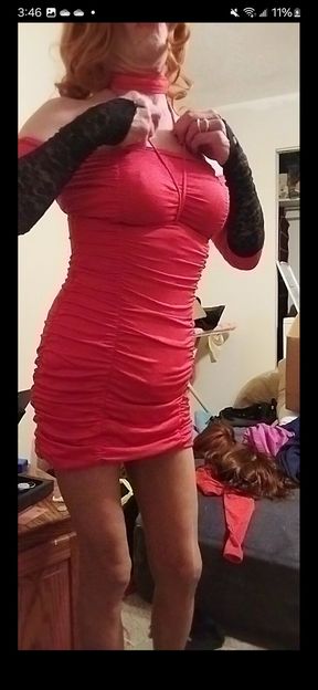 Hot Cougar CD struts red slutty dress