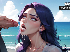 A muscled guy and a purple-haired sweetie in a black bathing suit ravage on an ocean wave - xxx XXX porn!