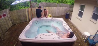 Steamy men enjoy outdoor backyard porn in the jacuzzi