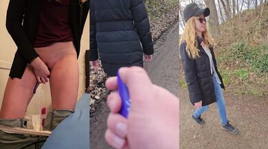 Biker blond submissive walks with remote controlled vibrator cumming in public outdoor