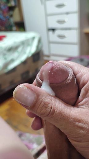 Jerking off and shooting big creamy loads of transcum