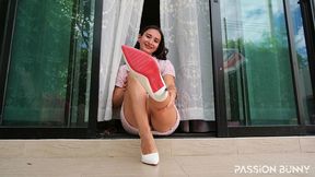 intense glass dildo masturbation with vibrator toy on terrace