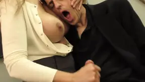 Employee slave has to polish his boss′s dildos and is then milked on his T-shirt with a teasing hand job