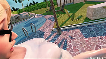 Creepy 3D futanari chick fucks dudes at the pool