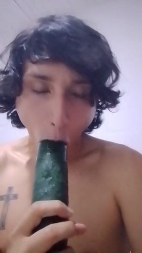 Femboy Chkes on a Cucumber and Penetrates His Rich Anal Hole