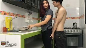 Fuck My Stepsister While She Washes the Dishes Cum - Double